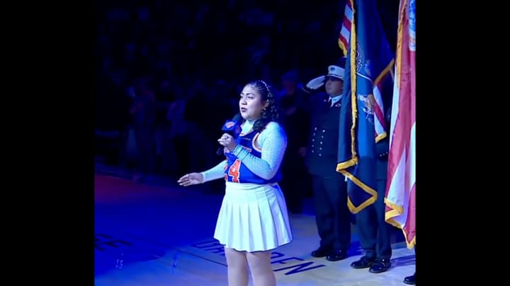  A girl sings the National Anthem at MSG on Dec. 5, 2024.