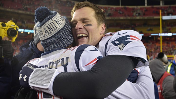 Jan 20, 2019; Kansas City, MO, USA; New England Patriots quarterback Tom Brady (12) celebrates with Patriots free safety Devin McCourty (32) after defeating the Kansas City Chiefs during overtime in the AFC Championship game at Arrowhead Stadium. Mandatory Credit: Denny Medley-Imagn Images Jan 20, 2019; Kansas City, MO, USA; New England Patriots quarterback Tom Brady (12) celebrates with Patriots free safety Devin McCourty (32) after defeating the Kansas City Chiefs during overtime in the AFC Championship game at Arrowhead Stadium. Mandatory Credit: Denny Medley-Imagn Images