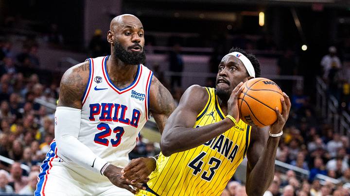 Oct 28, 2026; Indianapolis, Indiana, USA;  Indiana Pacers forward Pascal Siakam (43) shoots the ball while  Philadelphia 76ers forward LeBron James (23) defends in the first half at Gainbridge Fieldhouse.  Mandatory Credit: Trevor Ruszkowski-Imagn Images
