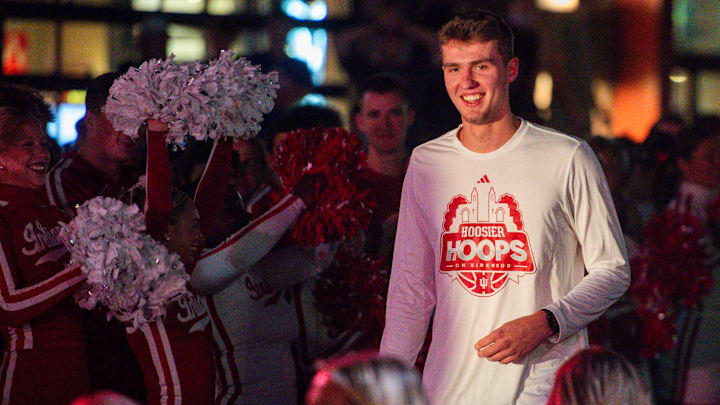 Indiana's Trent Sisley is introduced during the Hoosier Hoops on Kirkwood event on Kirkwood Avenue just outside the Sample Gates on Thursday, Oct. 2, 2025.