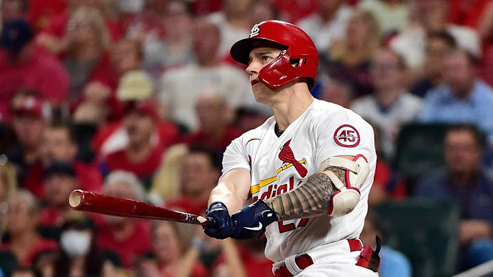 Oct 1, 2021; St. Louis, Missouri, USA;  St. Louis Cardinals left fielder Tyler O'Neill (27) hits his second solo home run of the game during the fourth inning against the Chicago Cubs at Busch Stadium. Mandatory Credit: Jeff Curry-Imagn Images