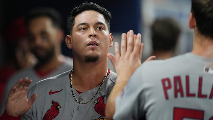 Aug 20, 2025; Miami, Florida, USA;  St. Louis Cardinals catcher Yohel Pozo (63) celebrates scoring a run in the fifth inning against the Miami Marlins at loanDepot Park. Mandatory Credit: Jim Rassol-Imagn Images
