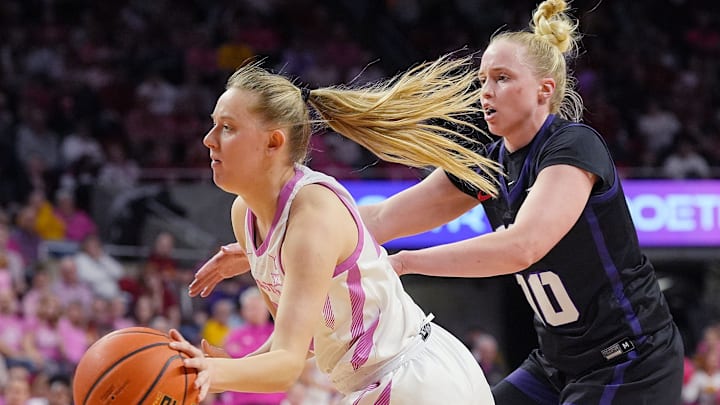 Iowa State Cyclones' guard Kelsey Joens (23) passes the ball around TCU Horned Frogs guard Hailey Van Lith (10) during the second quarter in the Big-12 women’s basketball showdown at Hilton Coliseum on Sunday.