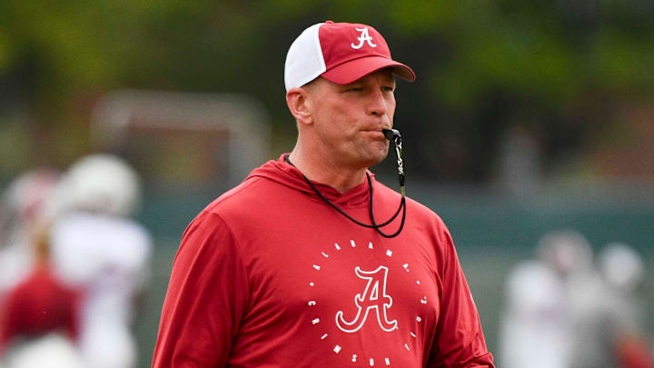 Mar 21, 2024; Tuscaloosa, Alabama, USA; Alabama head coach Kalen DeBoer blows his whistle.