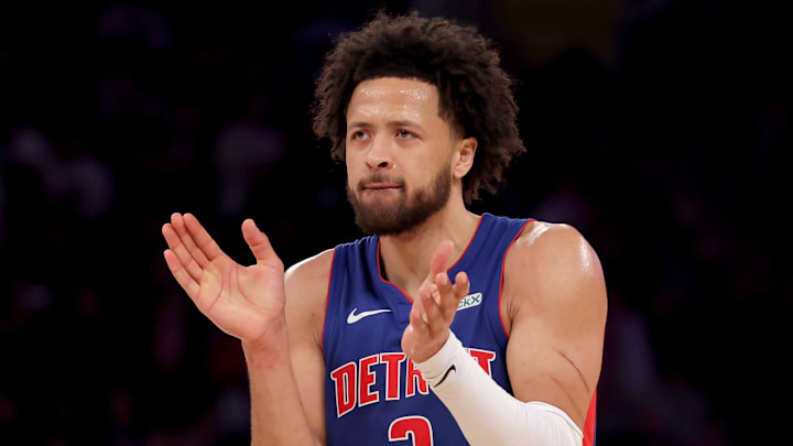 Jan 13, 2025; New York, New York, USA; Detroit Pistons guard Cade Cunningham (2) reacts during the third quarter against the New York Knicks at Madison Square Garden. Mandatory Credit: Brad Penner-Imagn Images
