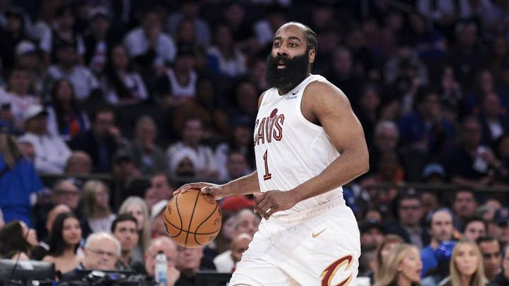 Cavaliers guard James Harden controls the ball against the Knicks. Cavaliers guard James Harden controls the ball against the Knicks.