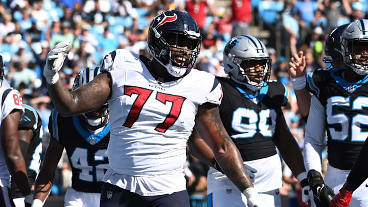 Houston Texans offensive tackle George Fant reacts against the Carolina Panthers.