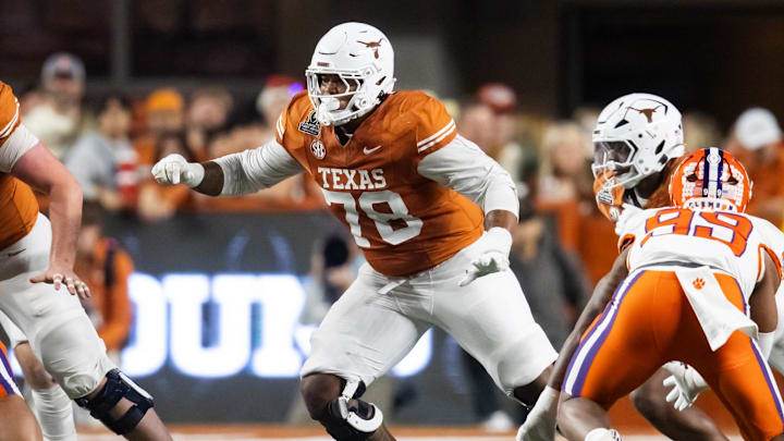 Texas Longhorns offensive lineman Kelvin Banks Jr. against the Clemson Tigers during the CFP first round. Texas Longhorns offensive lineman Kelvin Banks Jr. against the Clemson Tigers during the CFP first round.