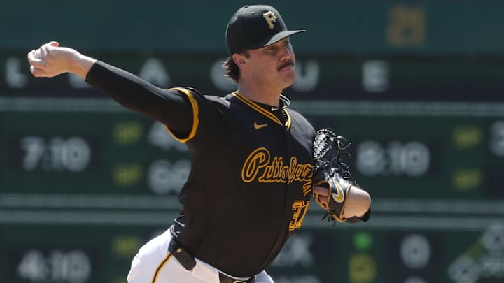Pittsburgh Pirates starting pitcher Paul Skenes (30) delivers a pitch against the Chicago Cubs during the first inning at PNC Park. 