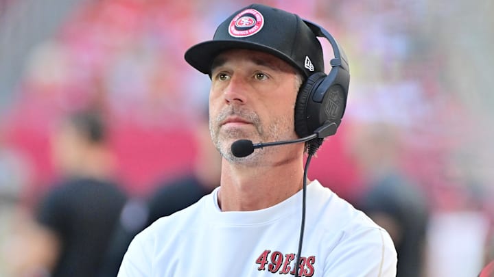 Jan 5, 2025; Glendale, Arizona, USA; San Francisco 49ers head coach Kyle Shanahan looks on in the first half against the Arizona Cardinals at State Farm Stadium. Mandatory Credit: Matt Kartozian-Imagn Images