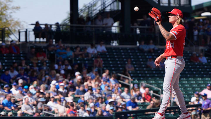Feb 27, 2025; Mesa, Arizona, USA; Los Angeles Angels pitcher Caden Dana (36) comes in to start in the first inning during a spring training game against the Chicago Cubs at Sloan Park. Mandatory Credit: Allan Henry-Imagn Images