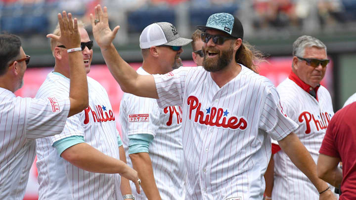 Aug 4, 2019; Philadelphia, PA, USA; Former Philadelphia Phillies outfielder Jayson Werth. Aug 4, 2019; Philadelphia, PA, USA; Former Philadelphia Phillies outfielder Jayson Werth.