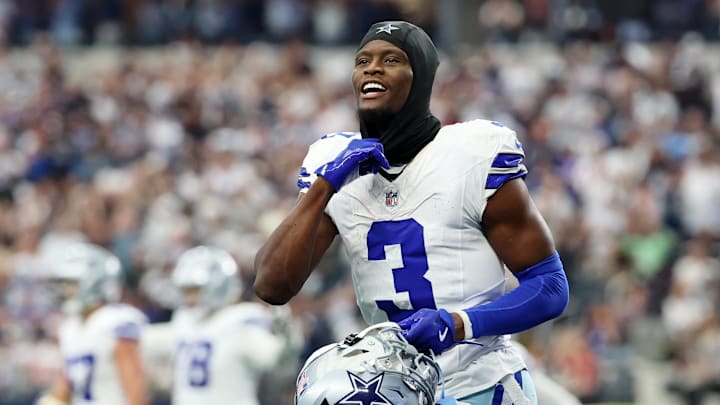 Sep 14, 2025; Arlington, Texas, USA; Dallas Cowboys wide receiver George Pickens (3) reacts after a play against the New York Giants during the fourth quarter at AT&T Stadium. Mandatory Credit: Kevin Jairaj-Imagn Images