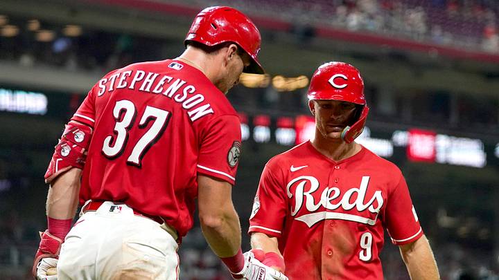 Cincinnati Reds designated hitter Tyler Stephenson (37) and Cincinnati Reds second baseman Matt McLain (9) share a high five after McLain scores in the seventh inning of a MLB game between the Cincinnati Reds and Los Angeles Dodgers, Wednesday, Sept. 16, 2026, at Great American Ball Park in downtown Cincinnati. Cincinnati Reds designated hitter Tyler Stephenson (37) and Cincinnati Reds second baseman Matt McLain (9) share a high five after McLain scores in the seventh inning of a MLB game between the Cincinnati Reds and Los Angeles Dodgers, Wednesday, Sept. 16, 2026, at Great American Ball Park in downtown Cincinnati.