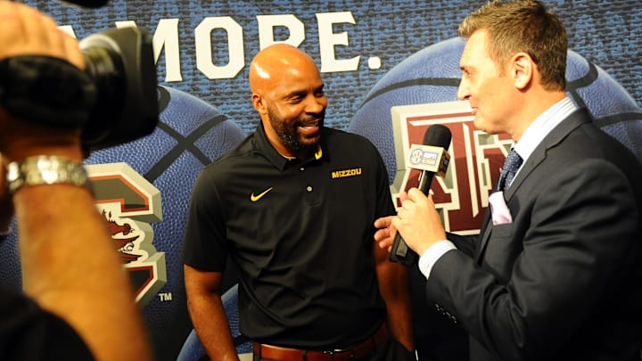 Oct 18, 2017; Nashville, TN, USA; Missouri Tigers head coach Cuonzo Martin talks with SEC Network analyst Pat Bradley during SEC Media Day at the Omni Hotel. Mandatory Credit: Christopher Hanewinckel-Imagn Images