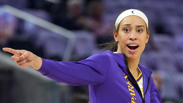 May 16, 2025; San Francisco, California, USA; Los Angeles Sparks forward Dearica Hamby (5) before the game against the Golden State Valkyries at Chase Center. Mandatory Credit: Darren Yamashita-Imagn Images