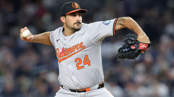 Sep 25, 2024; Bronx, New York, USA; Baltimore Orioles starting pitcher Zach Eflin (24) pitches against the New York Yankees during the first inning at Yankee Stadium. 