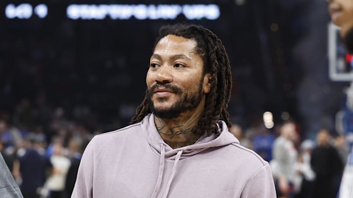 Memphis Grizzlies guard Derrick Rose during team introductions before their game against the Oklahoma City Thunder at Paycom Center in March of 2024. 