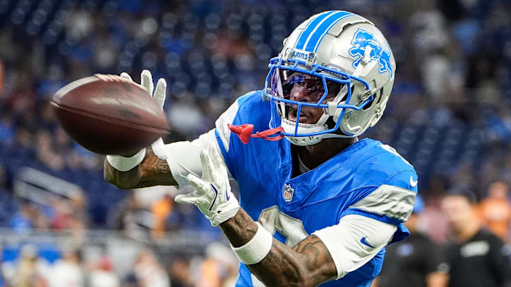Detroit Lions wide receiver Jameson Williams catches a pass in warmups before a game against the Tampa Bay Buccaneers.