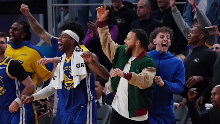 Jan 4, 2025; San Francisco, California, USA; Golden State Warriors guard Buddy Hield, guard Stephen Curry, and guard Brandin Podziemski celebrate after the Warriors scored against the Memphis Grizzlies in the fourth quarter at Chase Center. Mandatory Credit: David Gonzales-Imagn Images Jan 4, 2025; San Francisco, California, USA; Golden State Warriors guard Buddy Hield, guard Stephen Curry, and guard Brandin Podziemski celebrate after the Warriors scored against the Memphis Grizzlies in the fourth quarter at Chase Center. Mandatory Credit: David Gonzales-Imagn Images
