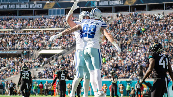 Dec 18, 2022; Jacksonville, Florida, USA; Dallas Cowboys tight end Peyton Hendershot (89) celebrates