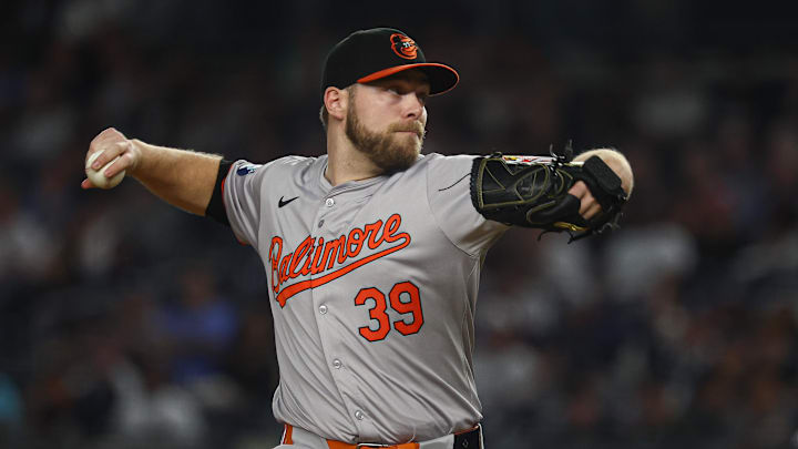 Sep 26, 2024; Bronx, New York, USA; Baltimore Orioles starting pitcher Corbin Burnes (39) delivers a pitch during the first inning against the New York Yankees at Yankee Stadium. Mandatory Credit: Vincent Carchietta-Imagn Images