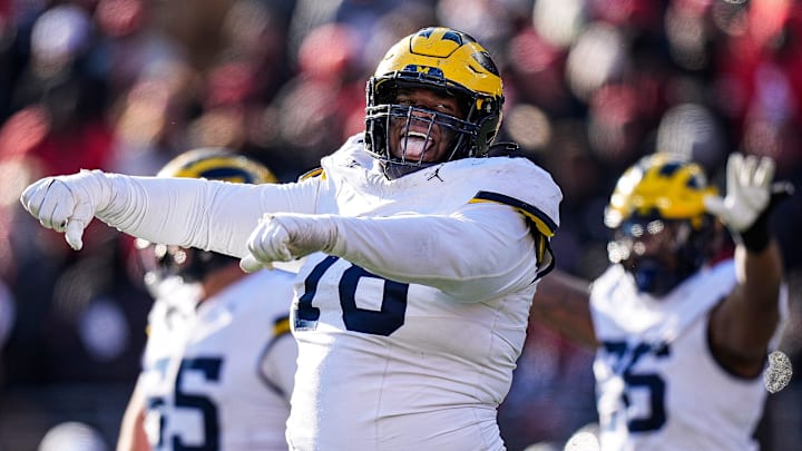 Michigan defensive lineman Kenneth Grant (78) celebrates after Ohio State misses a field goal during the second half at Ohio Stadium in Columbus, Ohio on Saturday, Nov. 30, 2024.