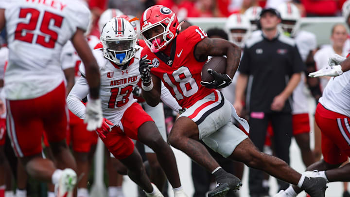 Sep 6, 2025; Athens, Georgia, USA; Georgia Bulldogs wide receiver Sacovie White-Helton (18) runs after a catch against the Austin Peay Governors in the first quarter at Sanford Stadium. Mandatory Credit: Brett Davis-Imagn Images