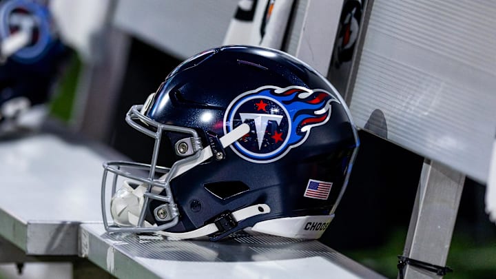 Aug 25, 2024; New Orleans, Louisiana, USA;  Detailed view of the Tennessee Titans helmet against the New Orleans Saints during the first half at Caesars Superdome. Mandatory Credit: Stephen Lew-Imagn Images