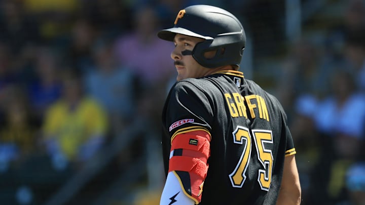 Mar 21, 2026; Bradenton, Florida, USA;  Pittsburgh Pirates infielder Konnor Griffin (75)  at bat during the fourth inning against the Toronto Blue Jays at LECOM Park. Mandatory Credit: Kim Klement Neitzel-Imagn Images