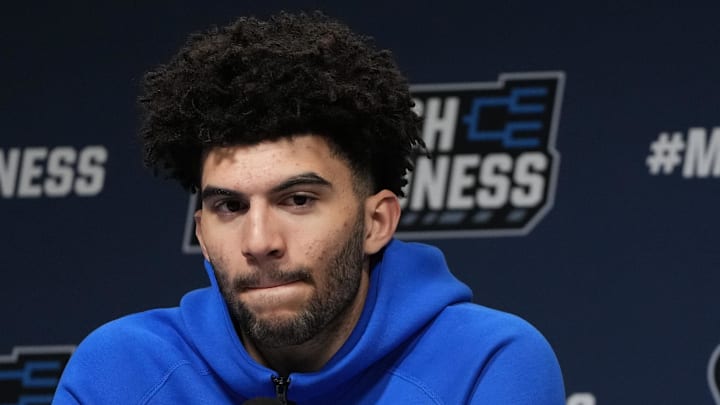 Duke Blue Devils forward Cameron Boozer (12) during a press conference ahead of the first round of the men's 2026 NCAA Tournament at Bon Secours Wellness Arena.