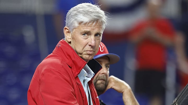 Apr 15, 2022; Miami, Florida, USA; Philadelphia Phillies President of Baseball Operations Dave Dombrowski watches batting practice before the game against the Miami Marlins at loanDepot Park Apr 15, 2022; Miami, Florida, USA; Philadelphia Phillies President of Baseball Operations Dave Dombrowski watches batting practice before the game against the Miami Marlins at loanDepot Park