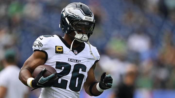 Sep 20, 2026; Nashville, Tennessee, USA;  Philadelphia Eagles running back Saquon Barkley (26) warms up before the game against the Tennessee Titans at Nissan Stadium.  Mandatory Credit: Steve Roberts-Imagn Images