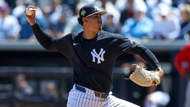 Mar 18, 2026; Tampa, Florida, USA; New York Yankees pitcher Carlos Lagrange (84) throws a pitch against the Boston Red Sox in the fifth inning during spring training at George M. Steinbrenner Field. Mandatory Credit: Nathan Ray Seebeck-Imagn Images Mar 18, 2026; Tampa, Florida, USA; New York Yankees pitcher Carlos Lagrange (84) throws a pitch against the Boston Red Sox in the fifth inning during spring training at George M. Steinbrenner Field. Mandatory Credit: Nathan Ray Seebeck-Imagn Images
