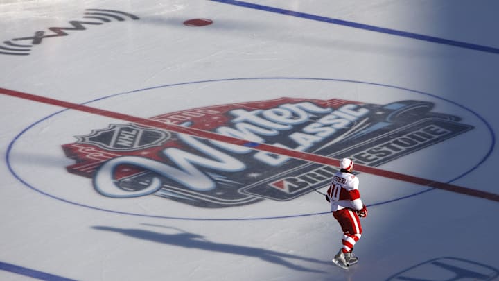 Dec 31, 2008; Chicago, IL, USA; Detroit Red Wings center Henrik Zetterberg (40) skates across center ice during practice for the Winter Classic against the Chicago Blackhawks at Wrigley Field. 