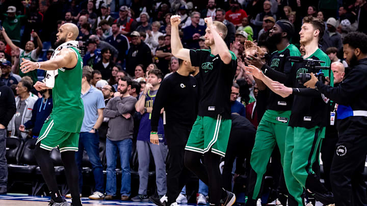 Jan 31, 2025; New Orleans, Louisiana, USA; Boston Celtics guard Derrick White (9) and forward Sam Hauser (30) cheer as they defeat the New Orleans Pelicans at Smoothie King Center. Mandatory Credit: Stephen Lew-Imagn Images Jan 31, 2025; New Orleans, Louisiana, USA; Boston Celtics guard Derrick White (9) and forward Sam Hauser (30) cheer as they defeat the New Orleans Pelicans at Smoothie King Center. Mandatory Credit: Stephen Lew-Imagn Images