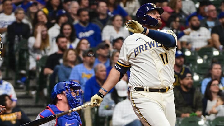 May 9, 2023; Milwaukee, Wisconsin, USA; Milwaukee Brewers first baseman Rowdy Tellez (11) hits a