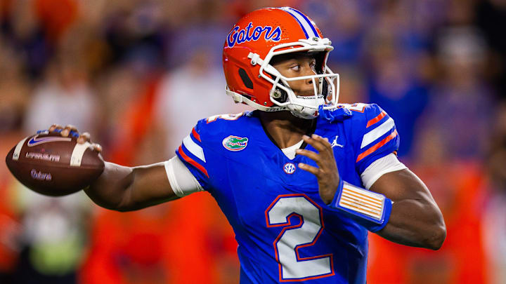 Florida Gators quarterback DJ Lagway (2) looks to pass during the first half at Ben Hill Griffin Stadium in Gainesville, FL on Saturday, October 19, 2024 against the Kentucky Wildcats. [Doug Engle/Gainesville Sun]