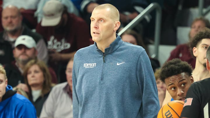 Jan 11, 2025; Starkville, Mississippi, USA; Kentucky Wildcats head coach Mark Pope looks on against the Mississippi State Bulldogs during the second half at Humphrey Coliseum. Mandatory Credit: Wesley Hale-Imagn Images Jan 11, 2025; Starkville, Mississippi, USA; Kentucky Wildcats head coach Mark Pope looks on against the Mississippi State Bulldogs during the second half at Humphrey Coliseum. Mandatory Credit: Wesley Hale-Imagn Images