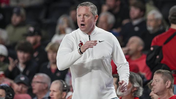 Nov 17, 2025; Athens, Georgia, USA; Georgia Bulldogs head coach Mike White reacts on the bench during the game against the Florida A&M Rattlers at Stegeman Coliseum. Mandatory Credit: Dale Zanine-Imagn Images