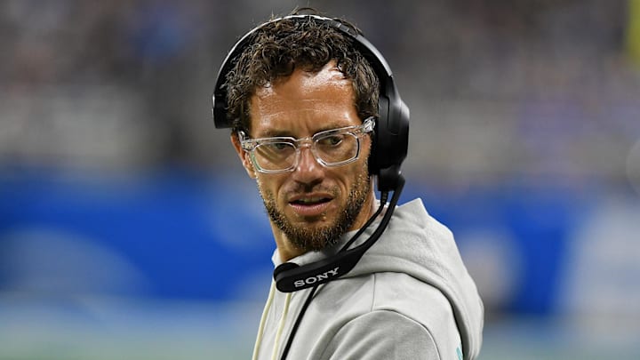 Aug 16, 2025; Detroit, Michigan, USA; Miami Dolphins head coach Mike McDaniels looks on from the sidelines in their game against the Detroit Lions in the first quarter at Ford Field. Mandatory Credit: Eamon Horwedel-Imagn Images
