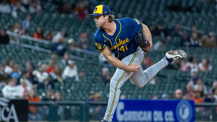 Apr 21, 2026; Detroit, Michigan, USA; Milwaukee Brewers pitcher Jake Woodford (41) throws during the eighth inning against the Detroit Tigers at Comerica Park. Mandatory Credit: David Reginek-Imagn Images Apr 21, 2026; Detroit, Michigan, USA; Milwaukee Brewers pitcher Jake Woodford (41) throws during the eighth inning against the Detroit Tigers at Comerica Park. Mandatory Credit: David Reginek-Imagn Images