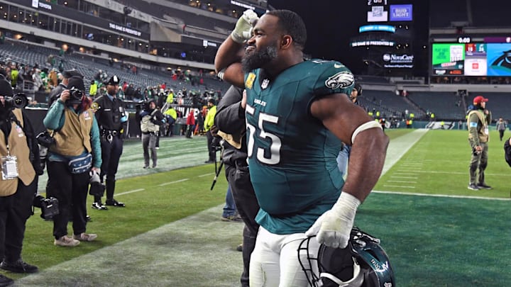 Nov 14, 2024; Philadelphia, Pennsylvania, USA; Philadelphia Eagles defensive end Brandon Graham (55) runs off the field after win against the Washington Commanders at Lincoln Financial Field. Mandatory Credit: Eric Hartline-Imagn Images