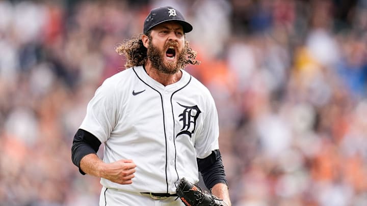 Detroit Tigers pitcher Jason Foley (68) celebrates striking out Tampa Bay Rays center fielder Jose Siri (22) during the ninth inning at Comerica Park in Detroit on Thursday, Sept. 26, 2024.