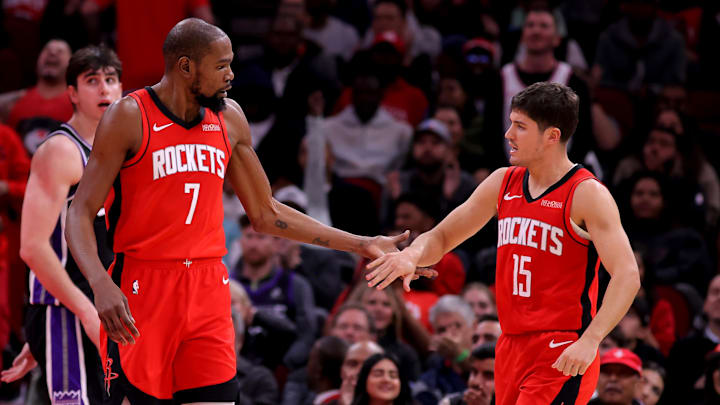 Dec 3, 2025; Houston, Texas, USA; Houston Rockets forward Kevin Durant (7) is greeted by Houston Rockets guard Reed Sheppard (15) after a basket during the third quarter at Toyota Center. Mandatory Credit: Erik Williams-Imagn Images Dec 3, 2025; Houston, Texas, USA; Houston Rockets forward Kevin Durant (7) is greeted by Houston Rockets guard Reed Sheppard (15) after a basket during the third quarter at Toyota Center. Mandatory Credit: Erik Williams-Imagn Images
