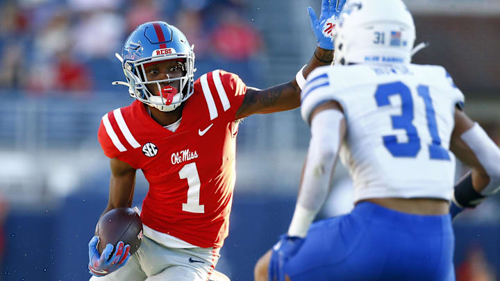 Sep 7, 2024; Oxford, Mississippi, USA; Mississippi Rebels wide receiver Ayden Williams (1) runs after a catch during the second half at Vaught-Hemingway Stadium. Mandatory Credit: Petre Thomas-Imagn Images
