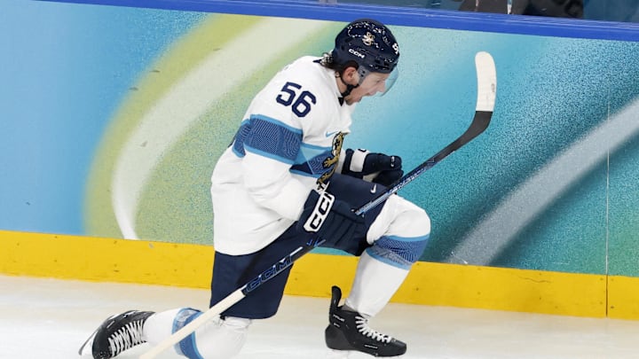 [US, Mexico & Canada customers only] Feb 20, 2026; Milan, Italy;  Erik Haula of Finland celebrates scoring their second goal against Canada in a men's ice hockey semifinal during the Milano Cortina 2026 Olympic Winter Games at Milano Santagiulia Ice Hockey Arena. Mandatory Credit: David W Cerny/Reuters via Imagn Images