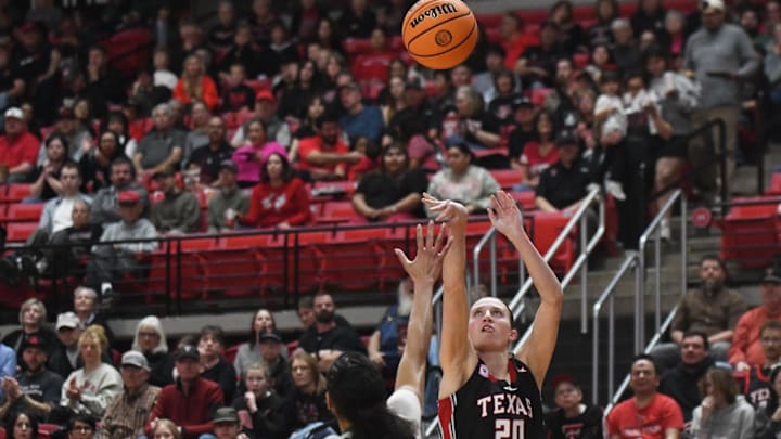 Texas Tech's Bailey Maupin shoots against Baylor in a Big 12 women's basketball game Wednesday, Feb. 18, 2026, at United Supermarkets Arena.