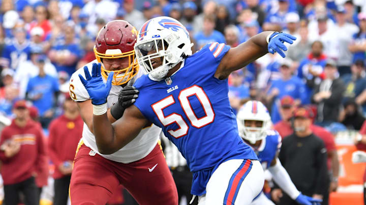 Sep 26, 2021; Orchard Park, New York, USA; Buffalo Bills defensive end Greg Rousseau (50) pass