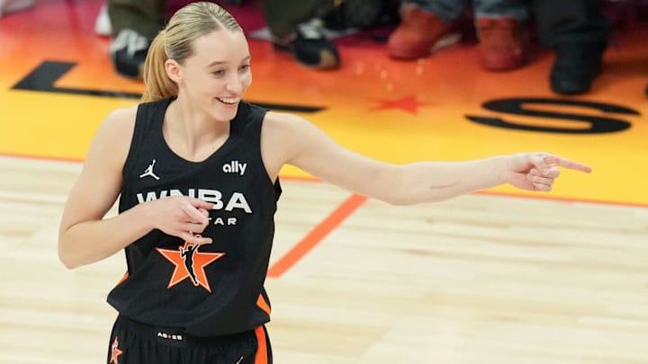 Dallas Wings' Paige Bueckers (5) reacts after a basket Saturday, July 19, 2025, during the WNBA All-Star Game at Gainbridge Fieldhouse in Indianapolis.